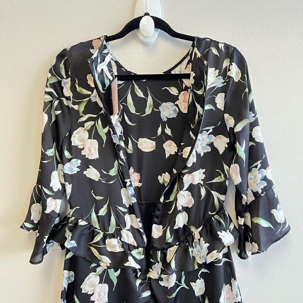 NWT Avec Les Filles Black Floral Print Ruffle A Line Mini Dress Size 6 - Picture 8 of 13